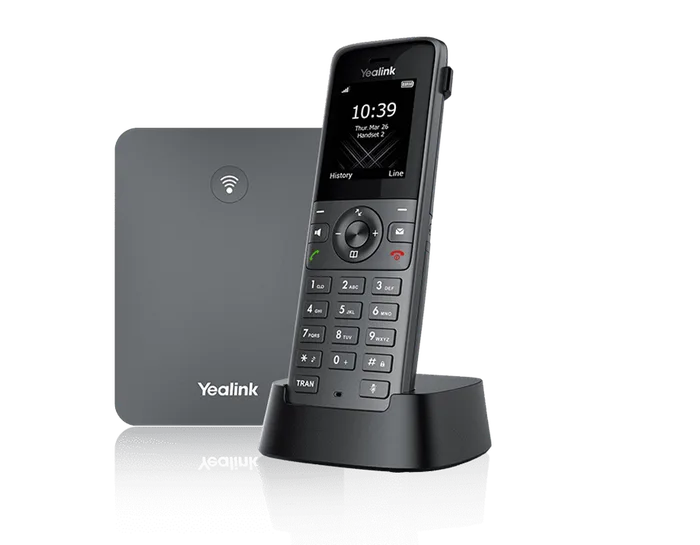 Yealink W73P cordless handset, charging cradle, and base station